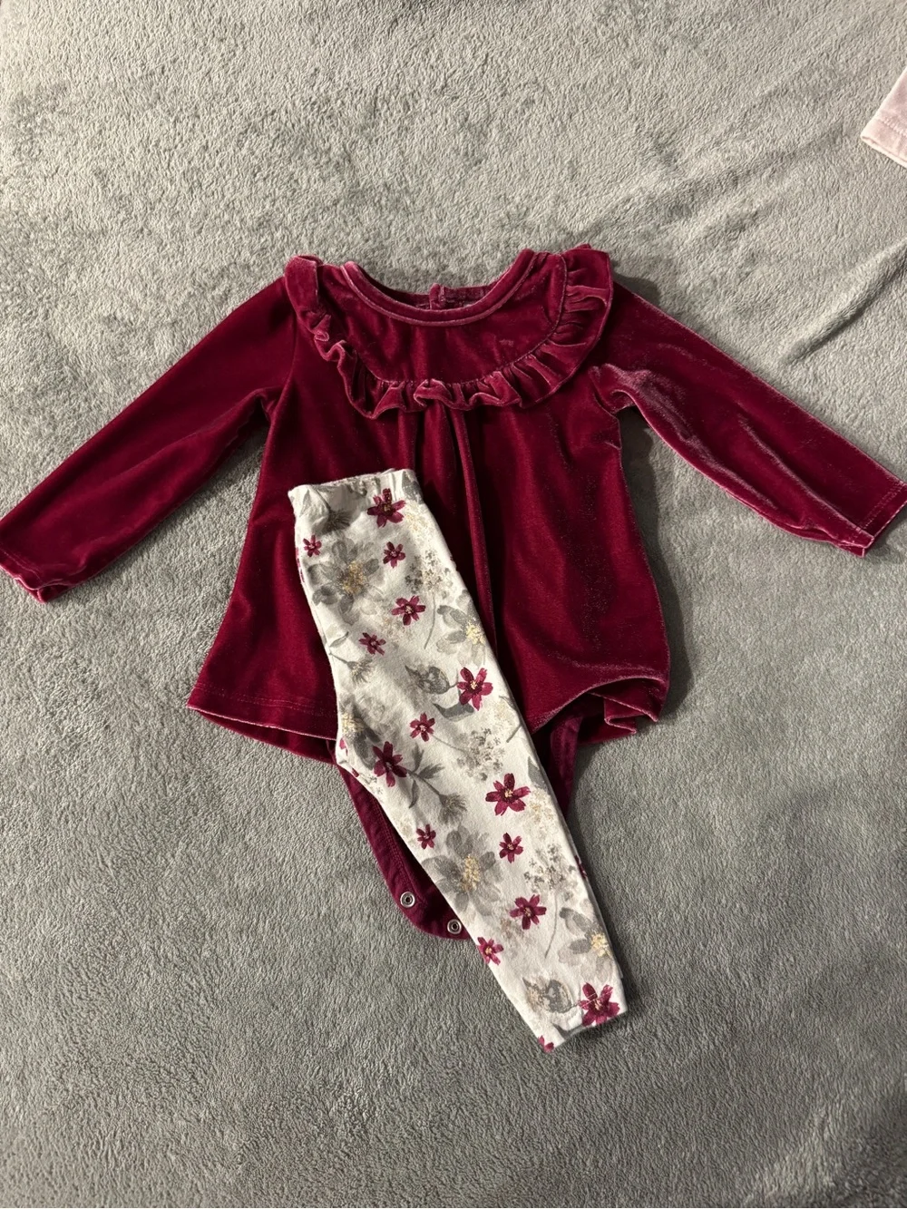 Carter's Burgundy Velvet Ruffle Bodysuit with Floral Leggings